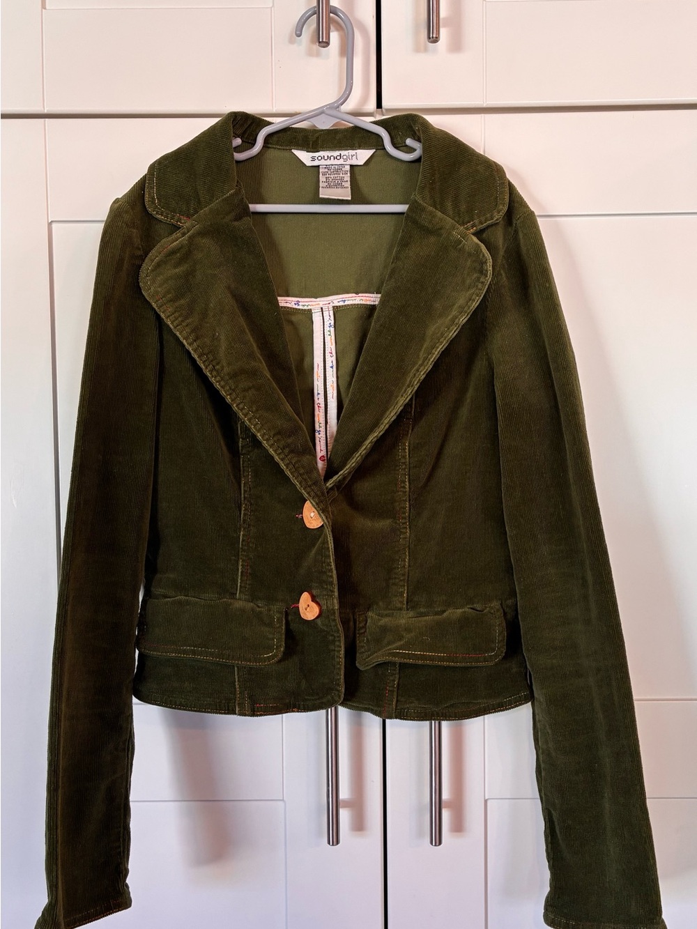 Y2K Soundgirl Olive Corduroy Blazer with Wood Buttons